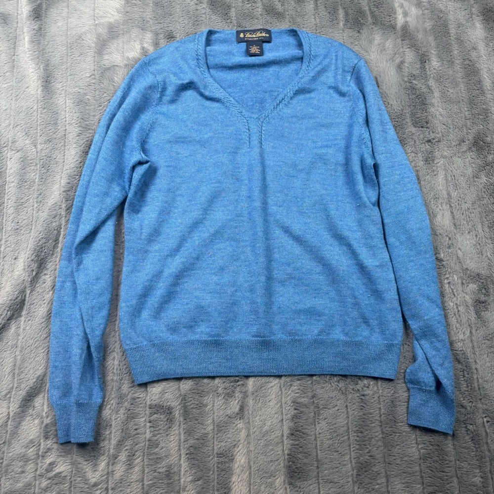 Brooks Brothers Blue Merino Wool Silk Cashmere V-Neck Sweater Womens Medium